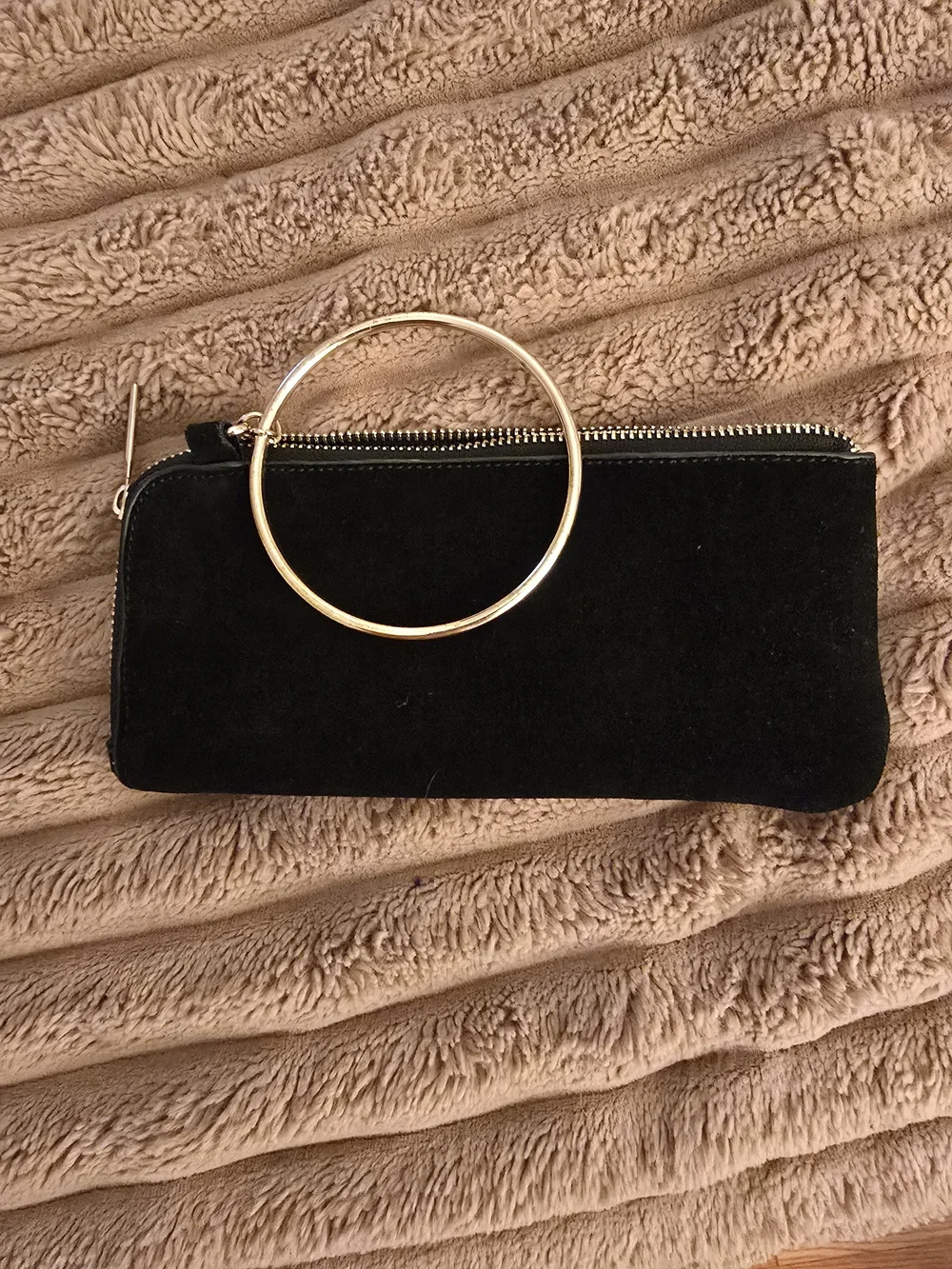Zara Black Suede Clutch with Gold Ring Handle